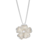 Silver, White Enamel & Diamond Flower Pendant
