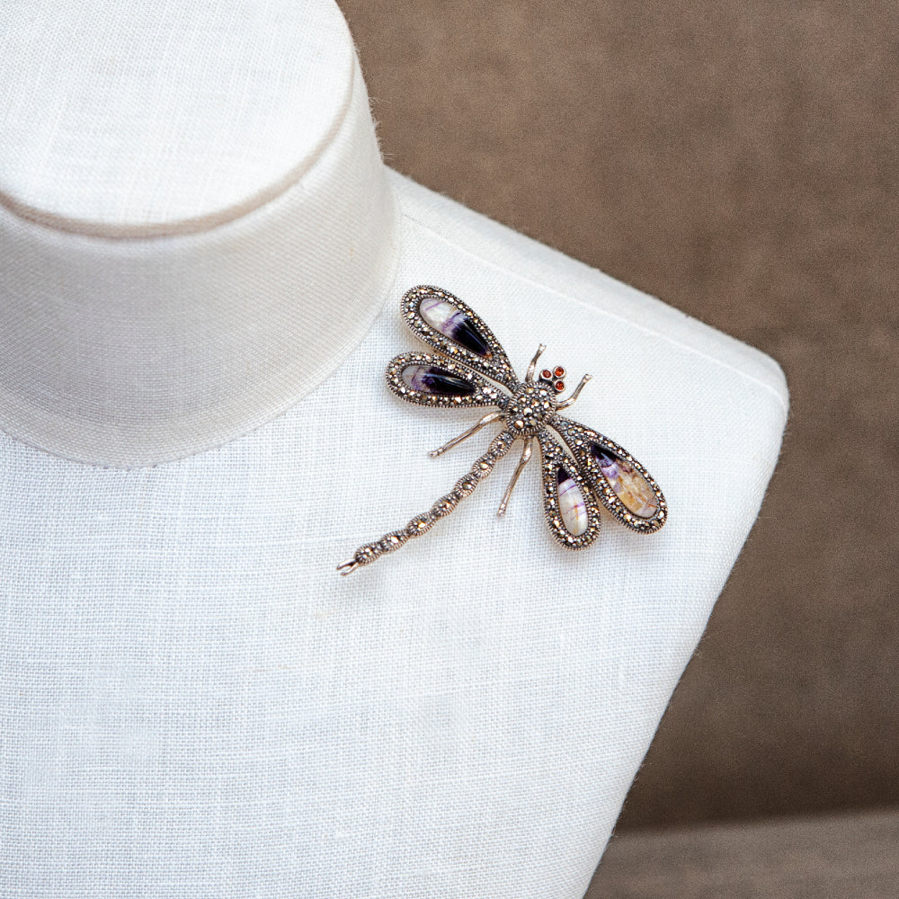 Sterling silver Blue John and marcasite dragonfly brooch