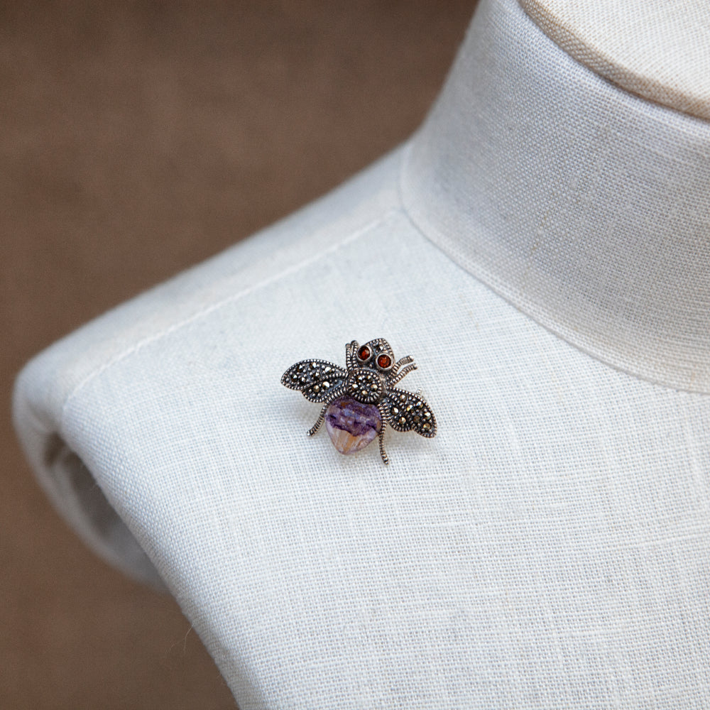 Sterling silver Blue John marcasite and garnet bee brooch