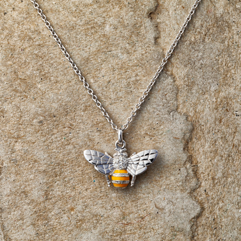 Sterling silver, Swarovski crystal and enamel bee necklace