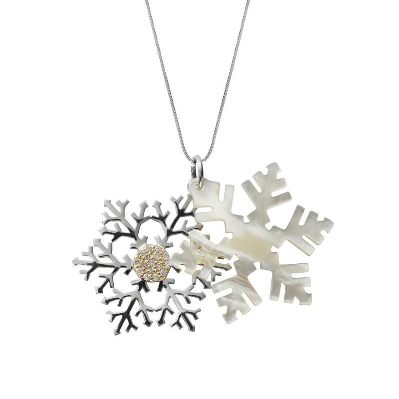 Sterling silver, cubic zirconia and mother of pearl double snowflake pendant