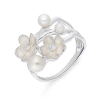 Silver, Pearl & Diamond Double Flower Ring