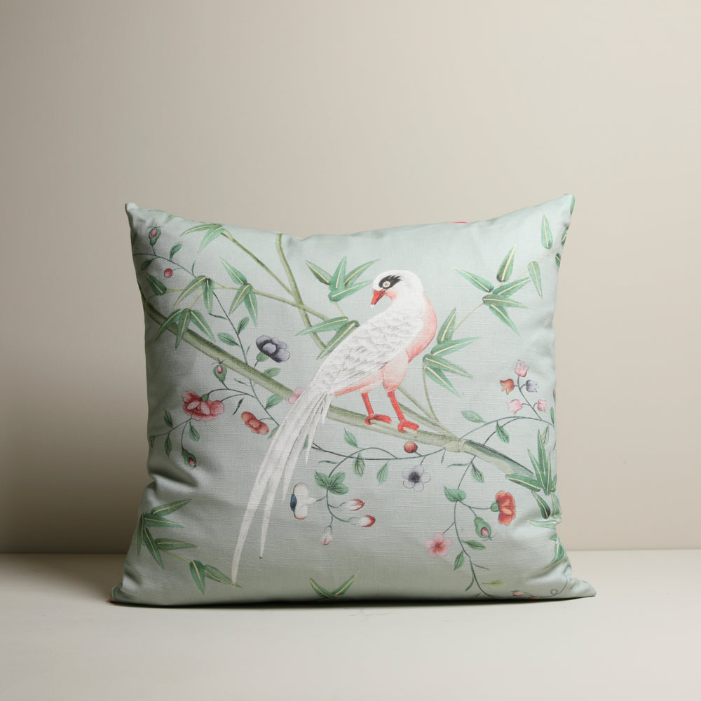 Chinese Wallpaper cushion - Leicester Blue white bird