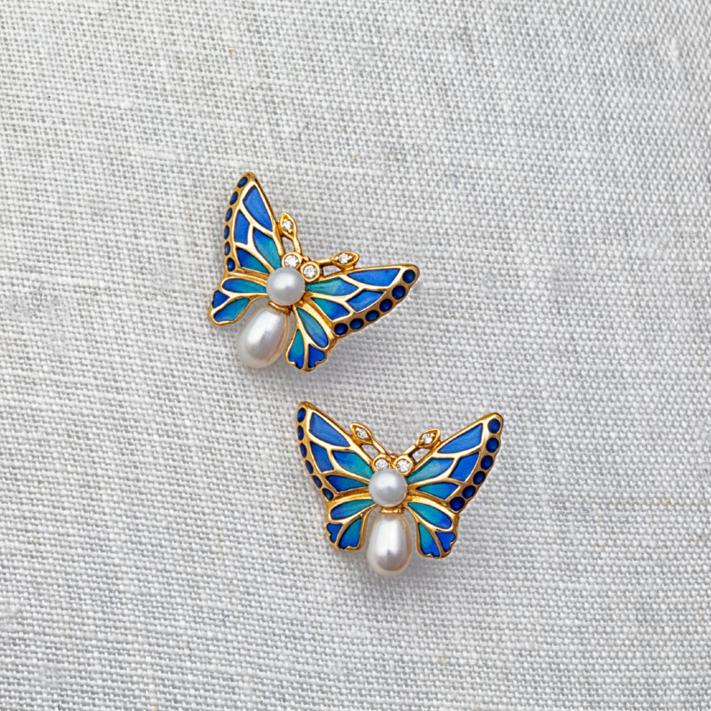 18ct yellow gold, diamond, pearl and enamel butterfly stud earrings