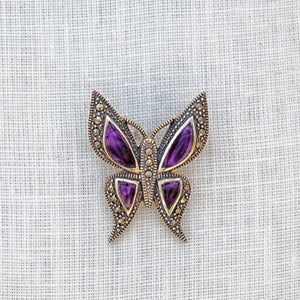 
                  
                    Sterling silver, Blue John and marcasite four stone pointy butterfly brooch
                  
                