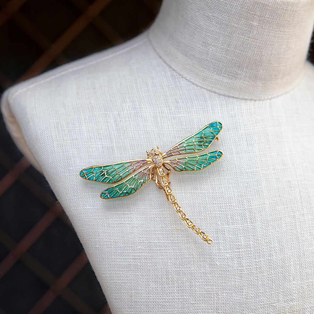 18ct yellow gold, diamond and enamel dragonfly brooch necklace