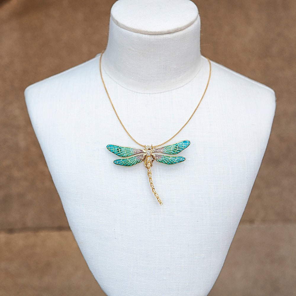 
                  
                    18ct yellow gold, diamond and enamel dragonfly brooch necklace
                  
                