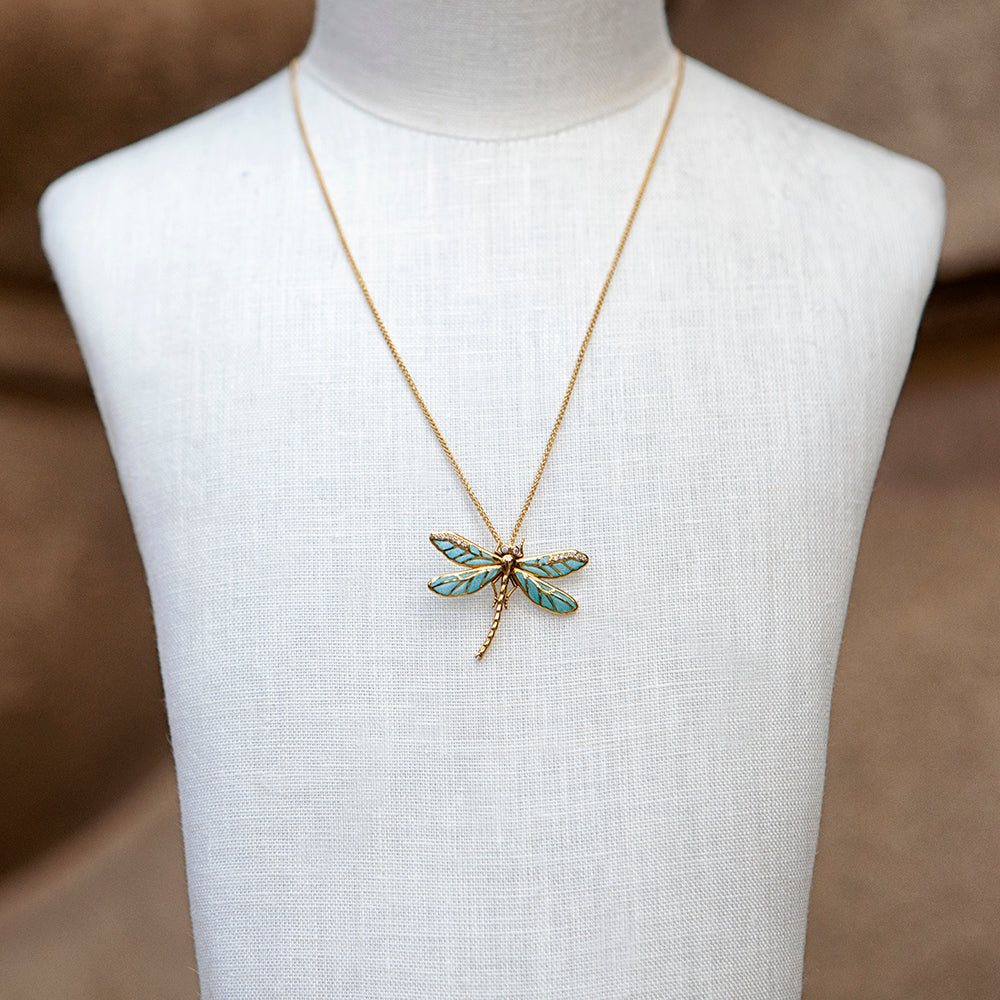 
                  
                    18ct yellow gold, diamond and blue enamel dragonfly necklace
                  
                