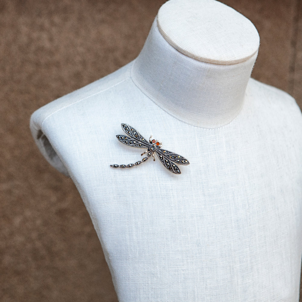 Sterling silver, marcasite and garnet dragonfly brooch