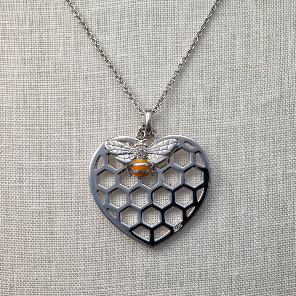 Sterling silver and Swarovski crystal bee in beehive heart necklace