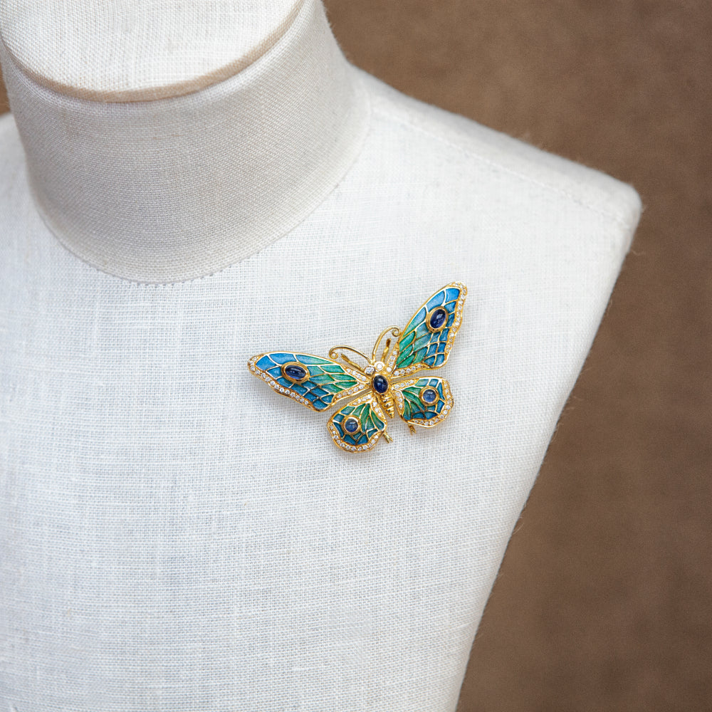 18ct yellow gold, diamond, moonstone and enamel butterfly brooch necklace
