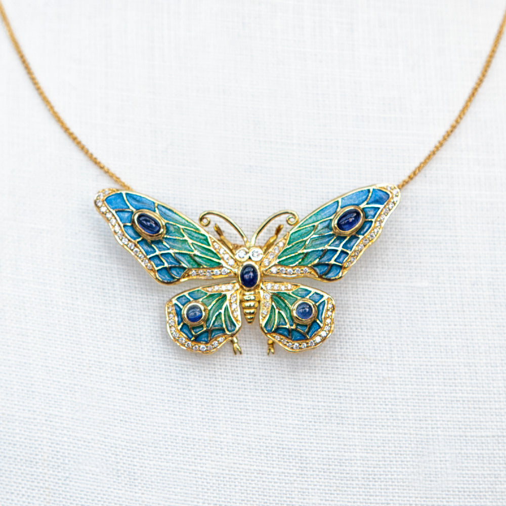 
                  
                    18ct yellow gold, diamond, moonstone and enamel butterfly brooch necklace
                  
                